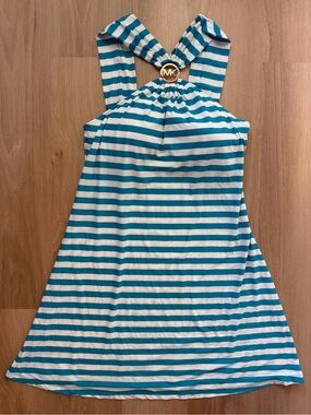 Michael Kors Turquoise Striped Halter Swim Dress Size S